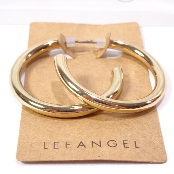 Neiman Marcus Lee Angel Women's Shiny Gold Tubular Hoop Earrings NWT 98 - Picture 3 of 5